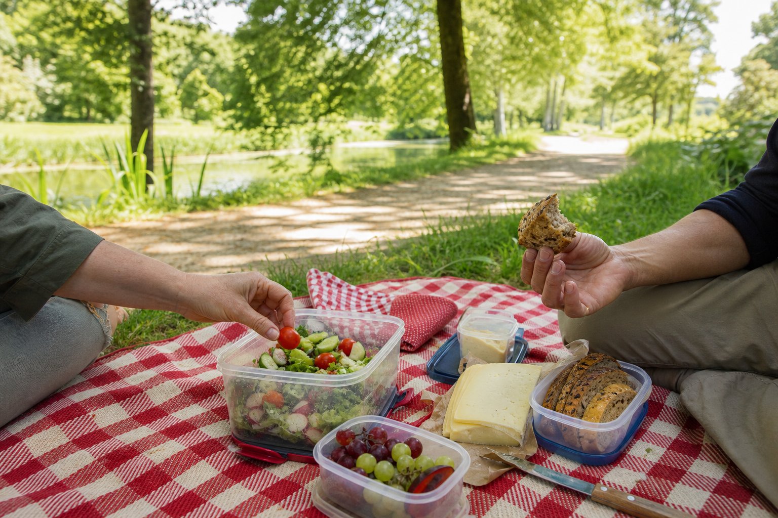 Twee mensen delen brood, kaas, salade en fruit op een rood-crème kleed naast een groen wandelpad