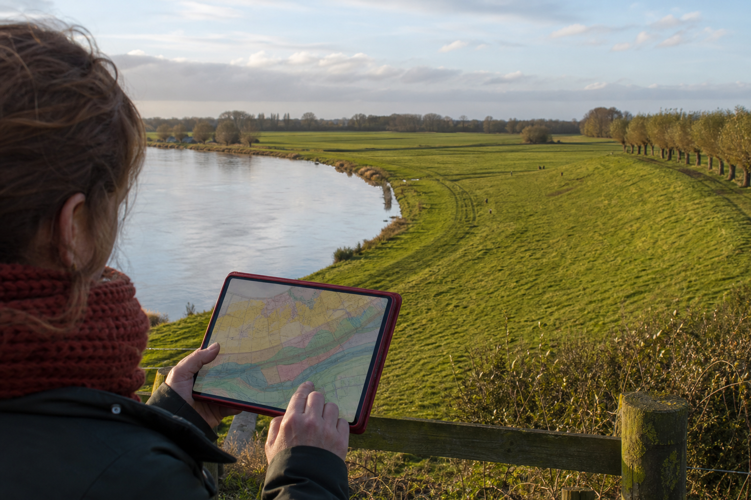 Wandelaar vergelijkt kaartlagen op een tablet met een oud rivierenlandschap