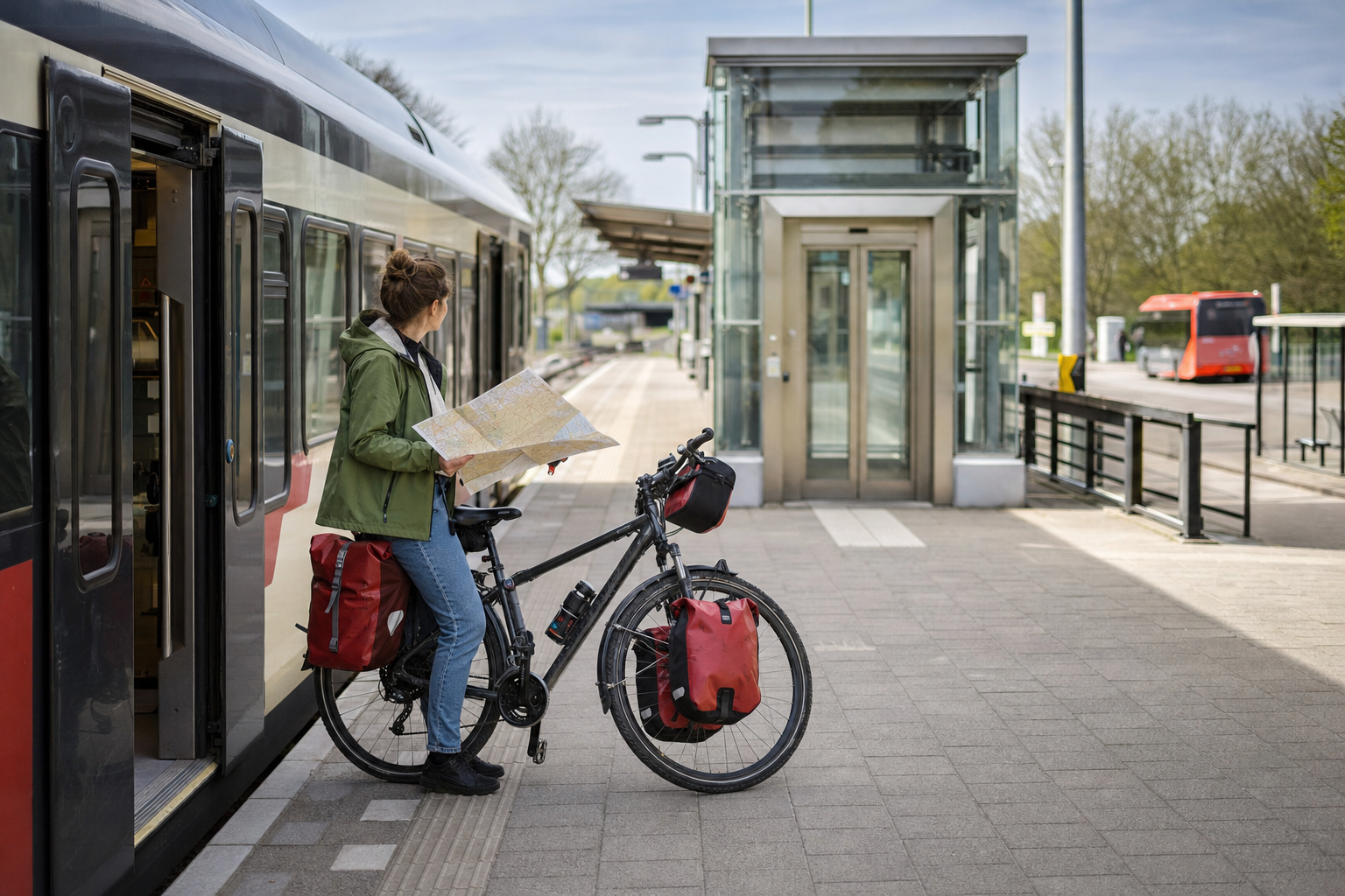 Reiziger met toerfiets controleert trein, lift en volgende aansluiting op een station