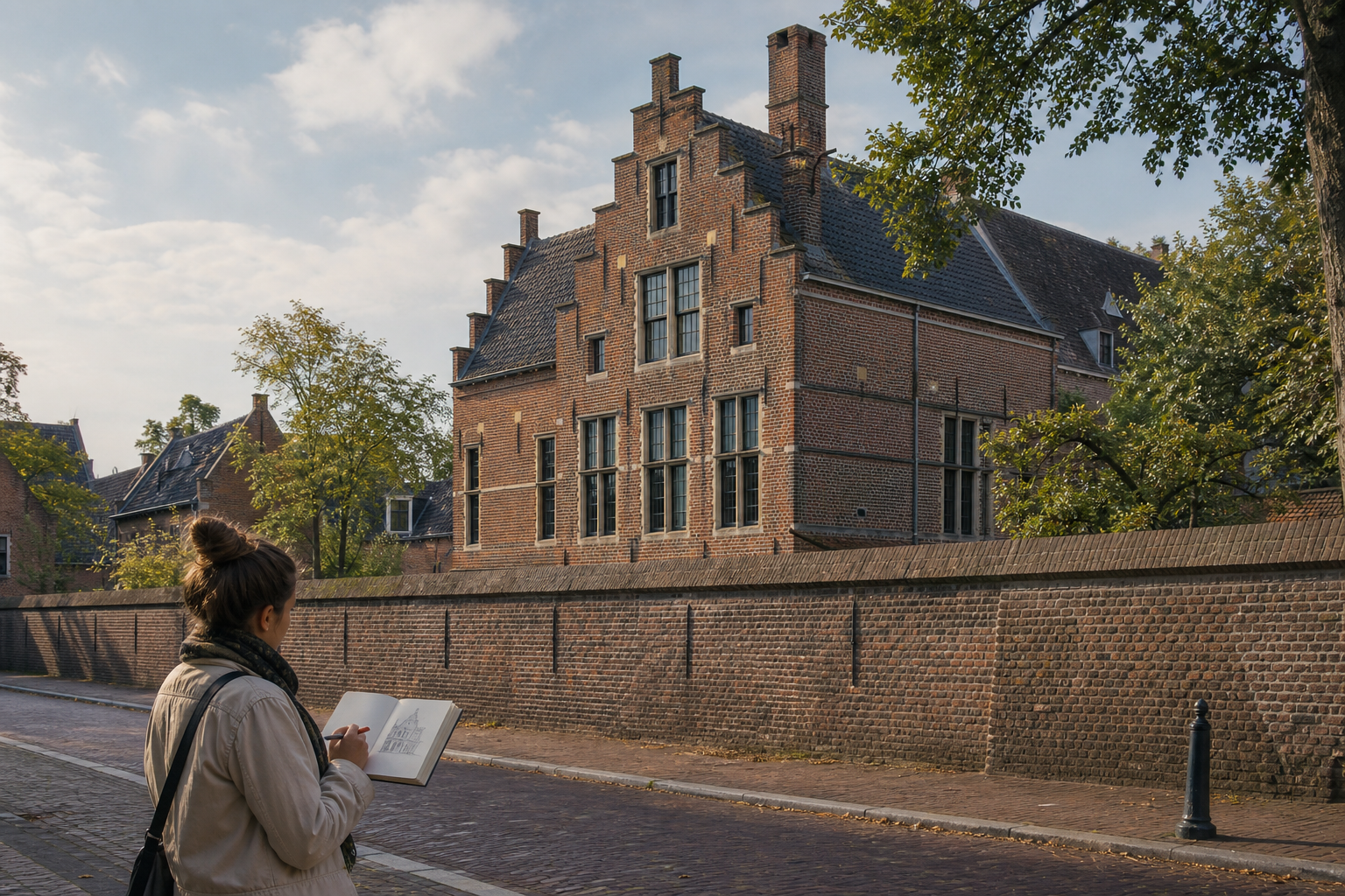 Reiziger schetst een bakstenen monument vanaf de openbare straat