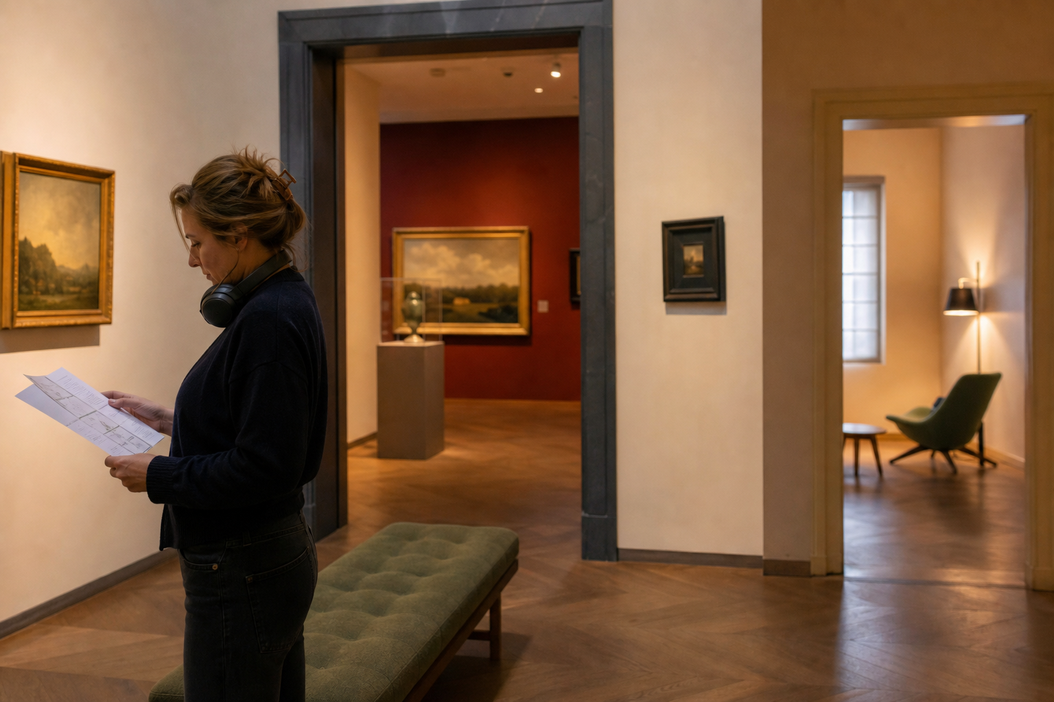Bezoeker bekijkt een rustige museumroute met zitplek en prikkelarme ruimte