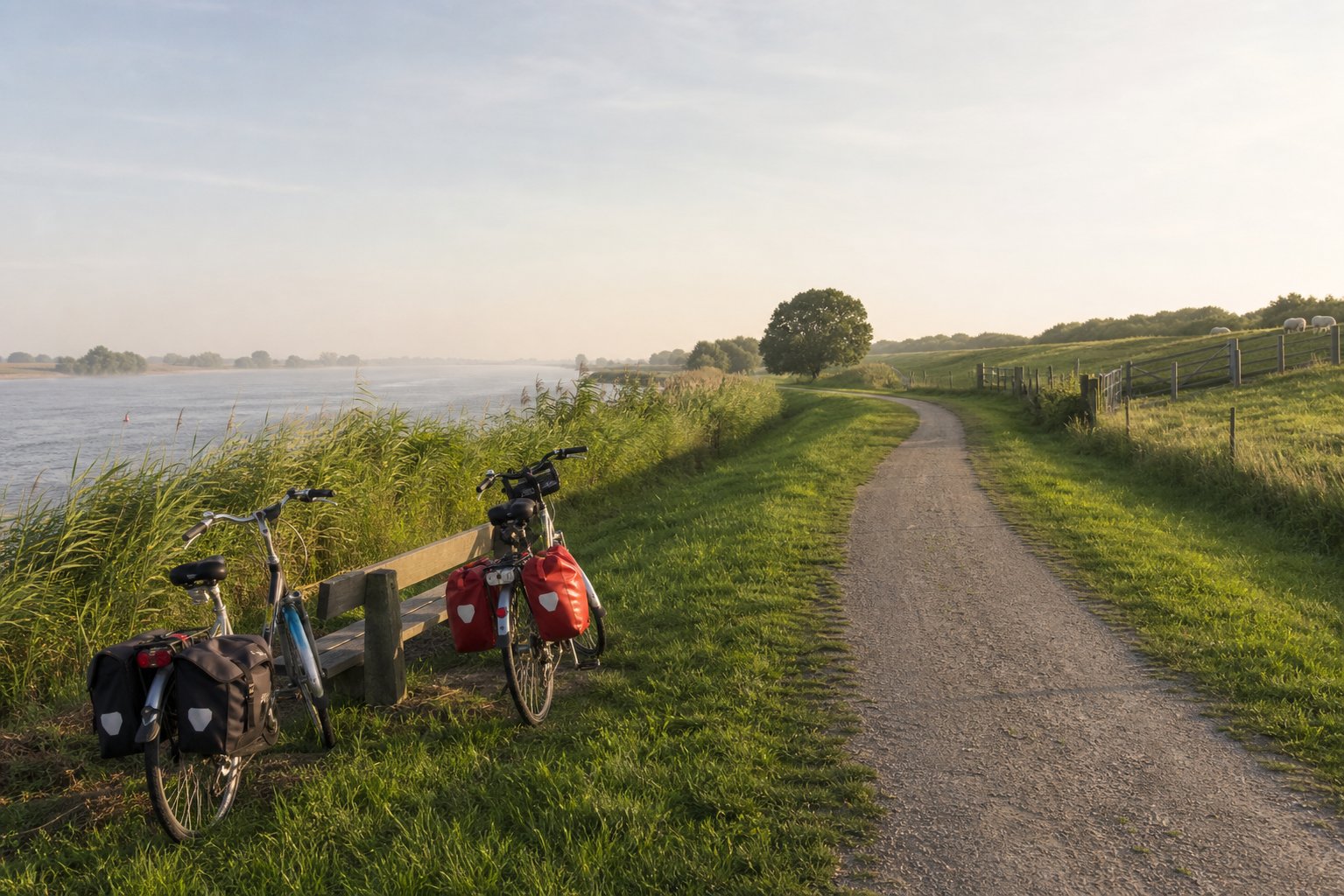 Twee toerfietsen met tassen bij een bank langs een rivier en slingerende dijkweg