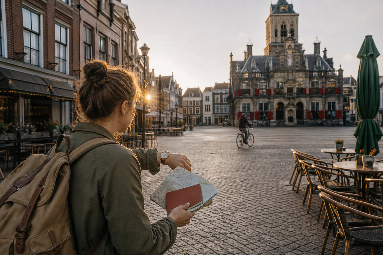 Reiziger arriveert vroeg op een rustig historisch plein en controleert het tijdstip
