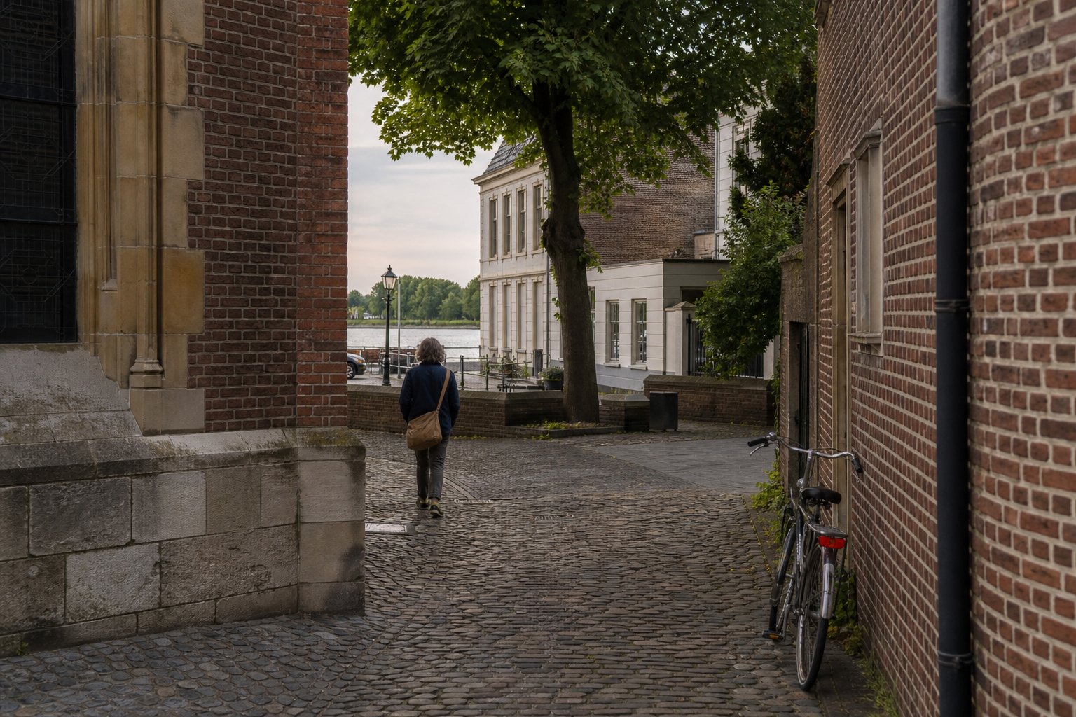 Wandelaar in een oude bakstenen straat op weg naar bomen en water, met een fiets tegen de muur