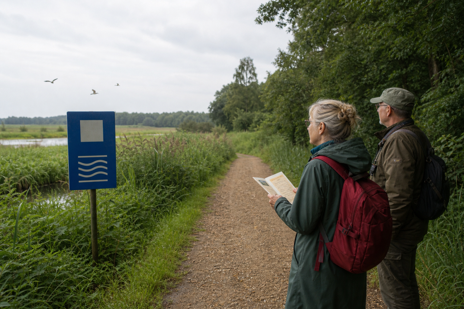 Twee wandelaars bekijken een blauw stiltegebiedbord aan een groen natuurpad