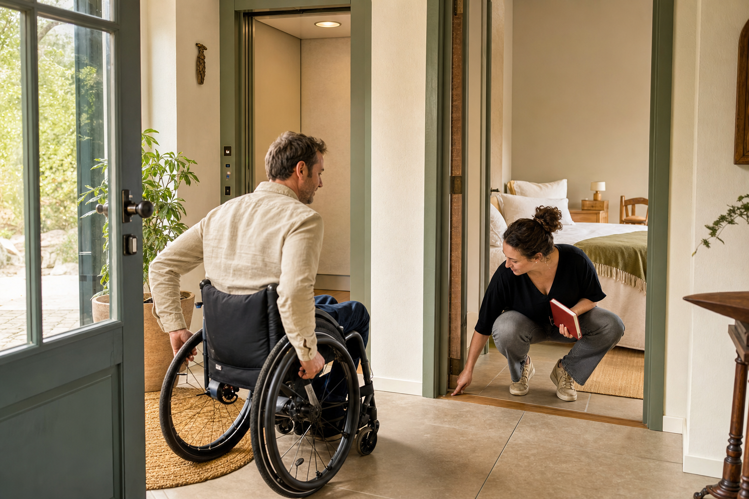 Rolstoelgebruiker controleert met een gastvrouw de drempel en route door een verblijf