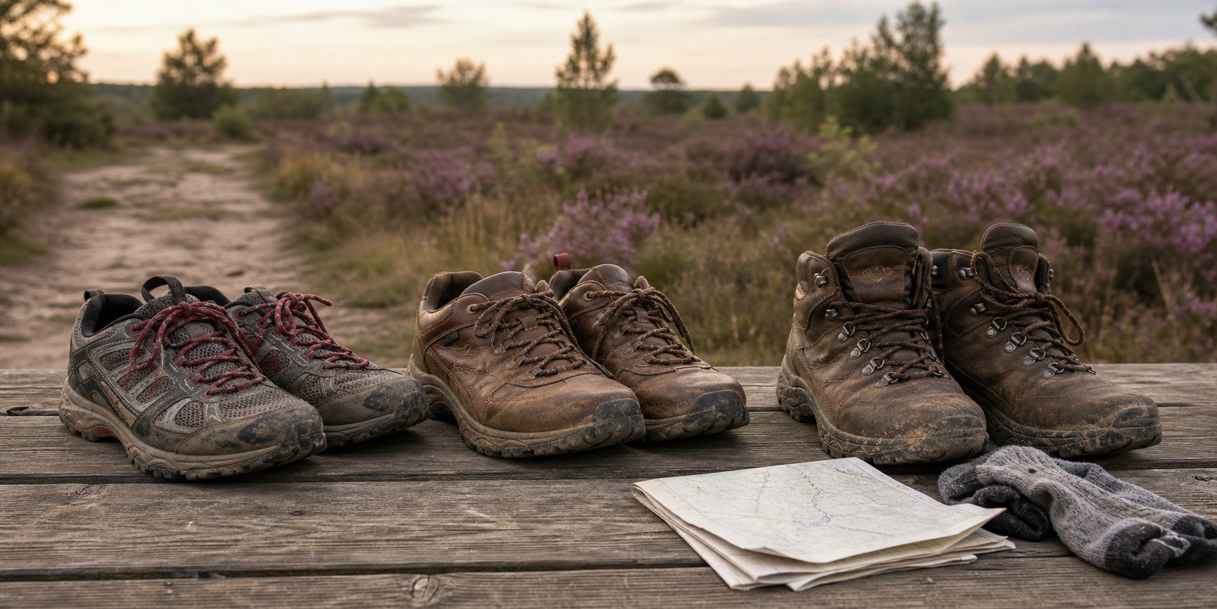 Drie verschillende paren gebruikte wandelschoenen op een houten rand bij een heidepad